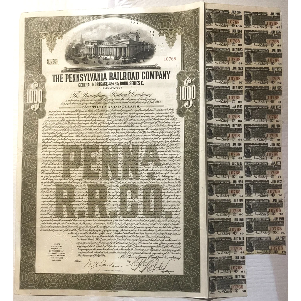 Rare 1934 Pennsylvania Railroad Gold Bond Certificate with $1000 face value