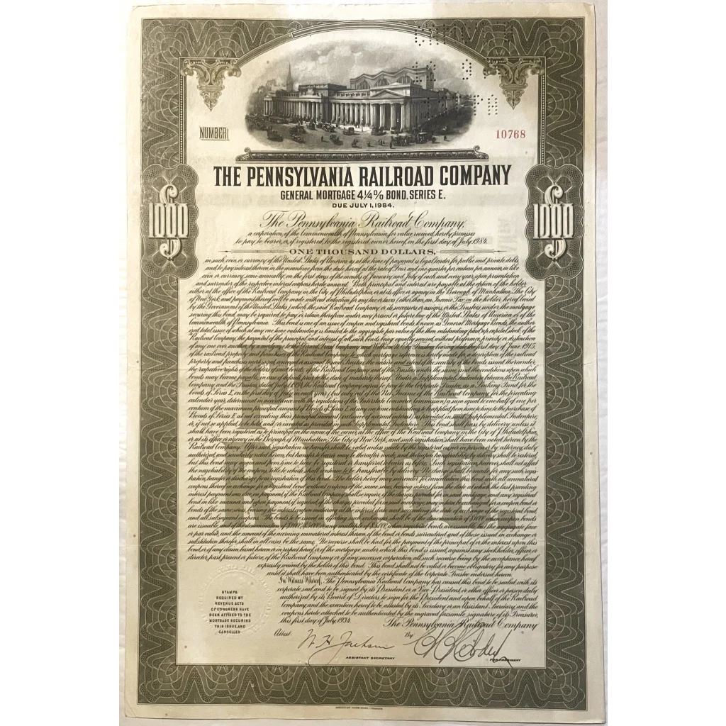 Stock certificate from The Pennsylvania Railroad Company, a rare gold bond certificate from 1916