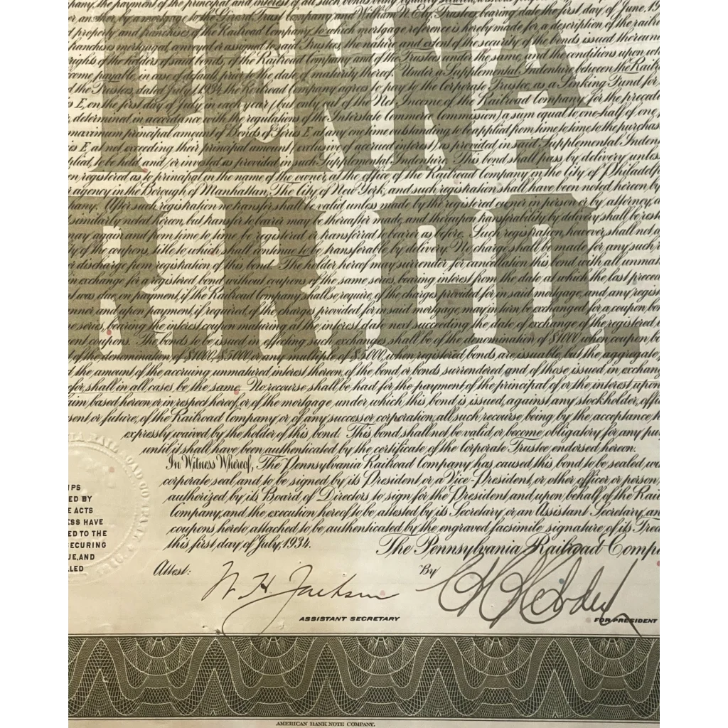 Bank note showcasing BANK SCRIPT on a Rare 1934 Pennsylvania Railroad Gold Bond Certificate