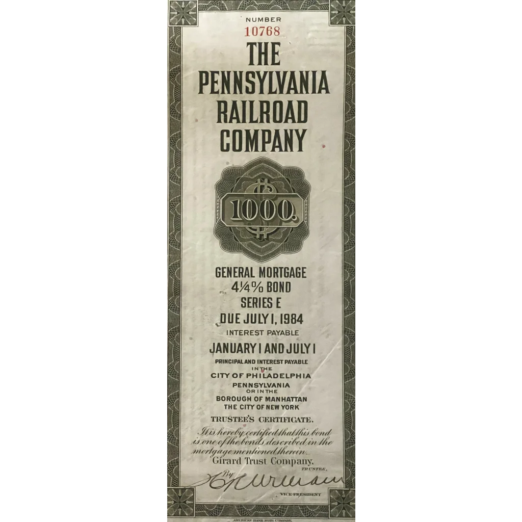 Very Rare 1934 Pennsylvania Railroad ’Pennsy’ Gold Bond Certificate w/ Coupons! Collectibles Antique Vintage Stock