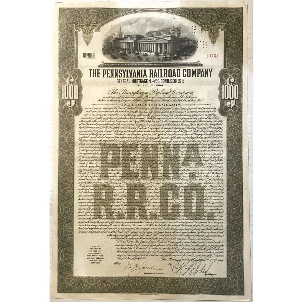 Very Rare 1934 Pennsylvania Railroad ’Pennsy’ Gold Bond Certificate w/ Coupons! Collectibles Antique Vintage Stock