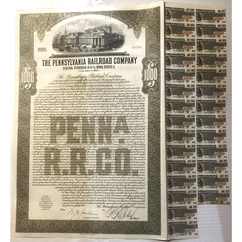 Very Rare 1934 Pennsylvania Railroad ’Pennsy’ Gold Bond Certificate w/ Coupons! Collectibles Vintage and Antique