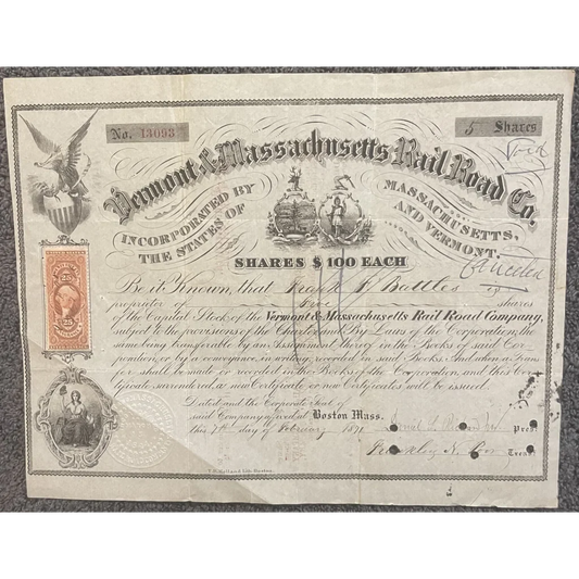 Very Rare Antique 1871 Vermont And Massachusetts Railroad Co. Stock Certificate Collectibles VT & MA Cert - Vintage