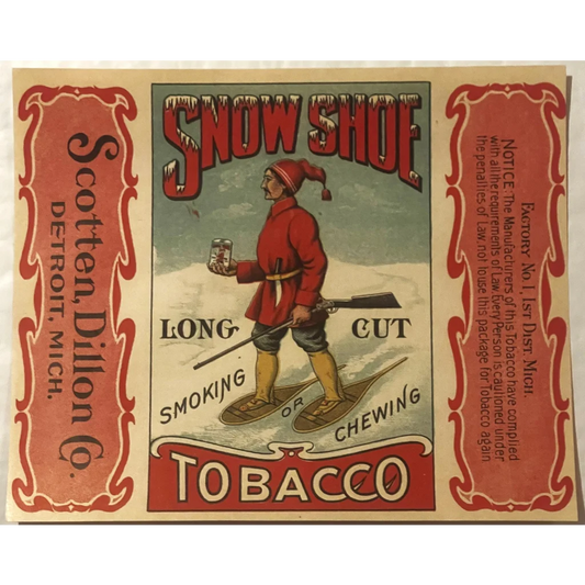 Very Rare Antique 1890s - 1900 Snowshoe Tobacco Label 🏔️ Detroit MI ❄️ Vintage Advertisements and Gifts Home