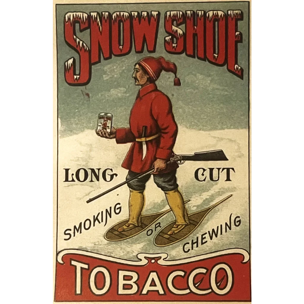 Vintage Snowshoe tobacco label featuring a skier in red attire from the 1890s