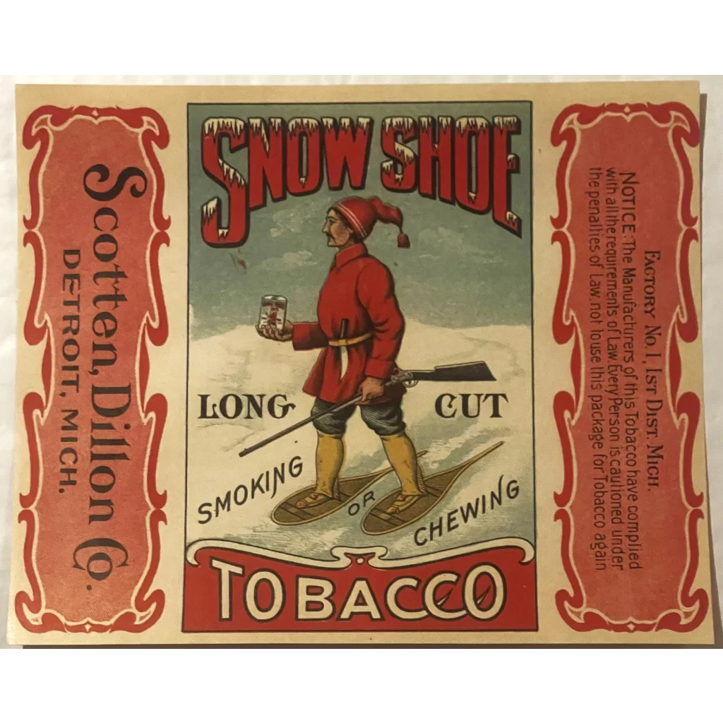 Vintage Snow Shoe Tobacco label showcasing a figure on snowshoes from the 1890s