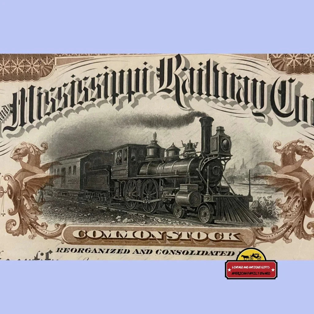 Vintage Mississippi Railway Company stock certificate with an engraved steam locomotive