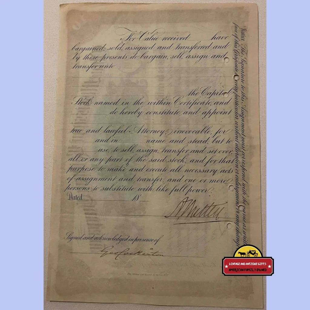 Antique handwritten railroad stock certificate on aged paper from the 1890s