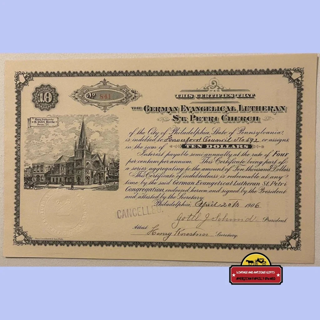 Certificate from German Evangelical Lutheran St Peter Church, a rare 1906 stock certificate