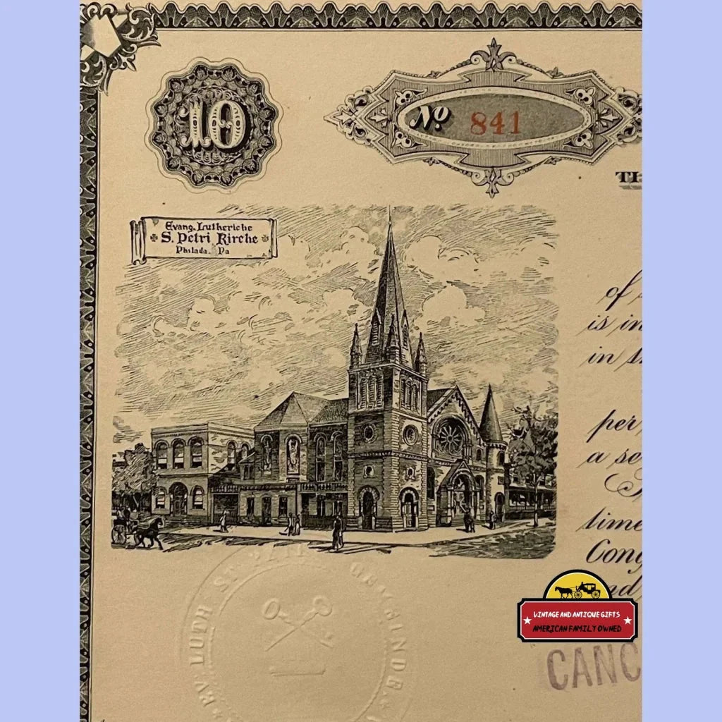 Gothic-style St Peter Church with spire, featured in rare 1906 stock certificate