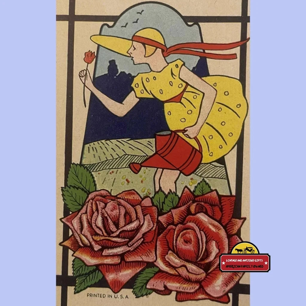 Stylized woman in yellow polka dot dress with flower, framing the Rare Junior Broom Label