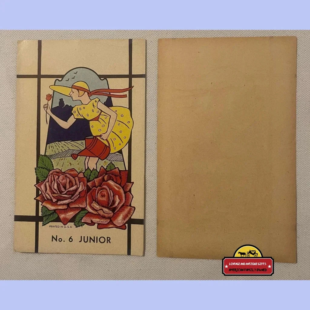 Vintage Junior Broom Label with cartoon child in yellow and red roses, vibrant 1900s colors