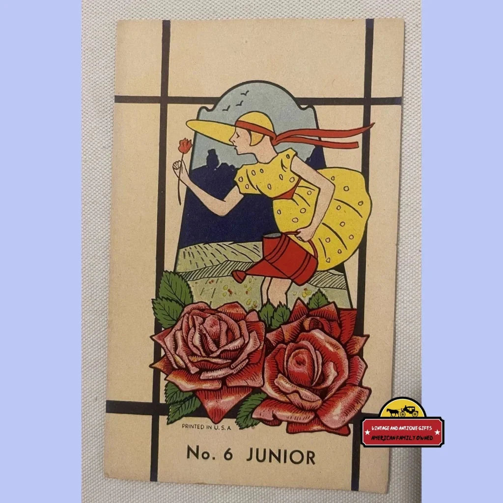 Vintage illustration of a woman in yellow holding a flower for a junior broom label design