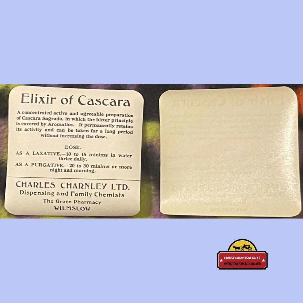 Vintage Elixir of Cascara label from Charles Charnley Ltd in a rare antique Grove Pharmacy collectible