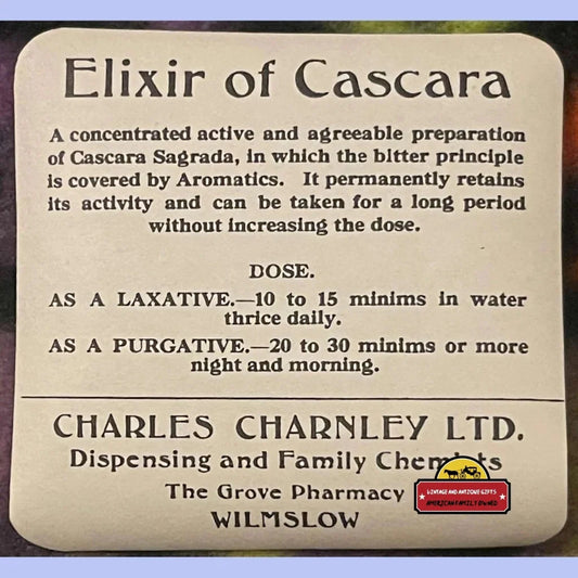 Vintage Elixir of Cascara label from Grove Pharmacy, a rare antique collectible