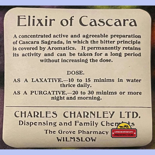 Very Rare Antique Vintage 1910s - 1920s Elixir Of Cascara Label c Charnley Grove Pharmacy Advertisements C.