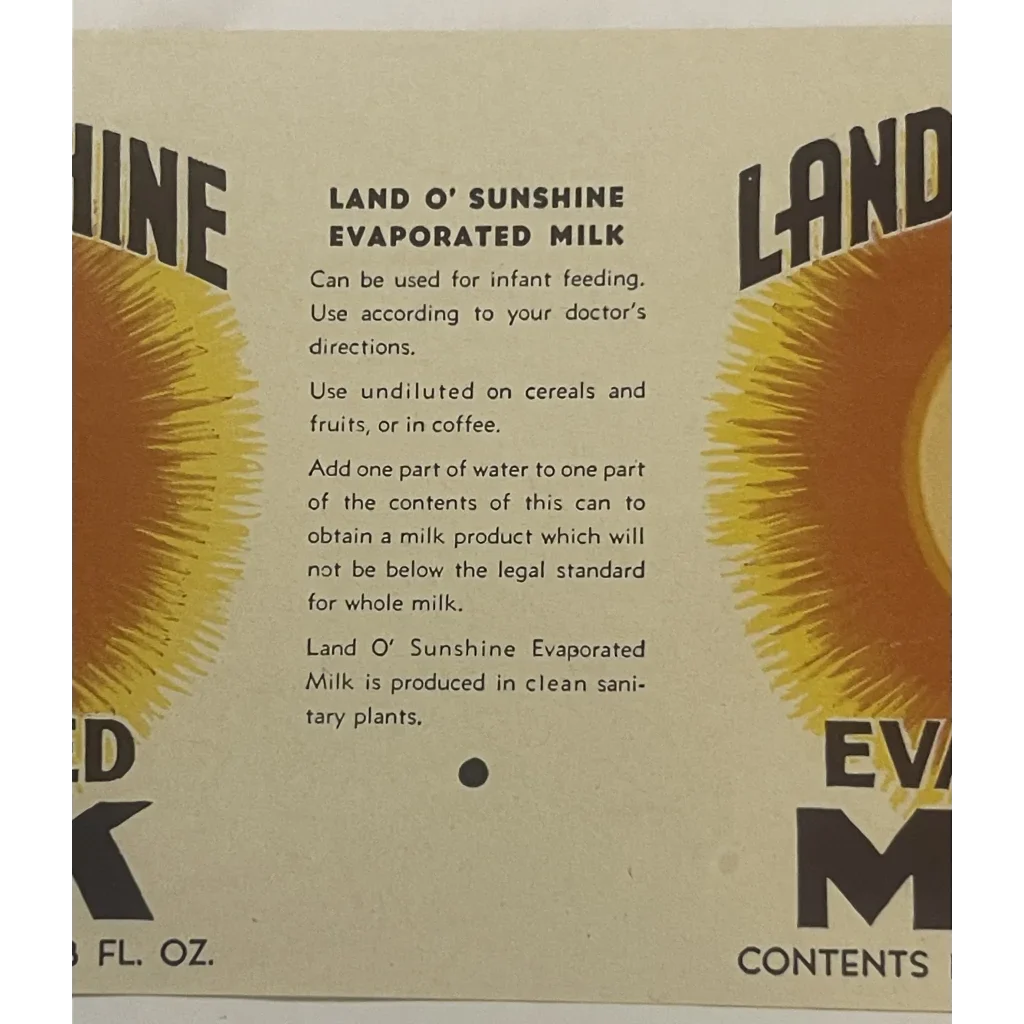 Rare Antique Vintage 1920s Sunshine Label for Land O’ Sunshine Evaporated Milk