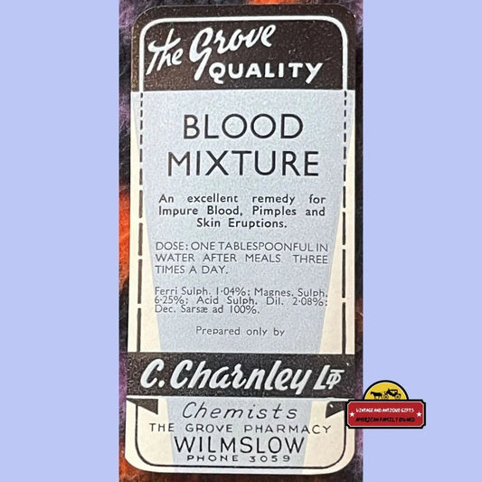 Very Rare Antique Vintage Blood Mixture Label The Grove Pharmacy 1910s - 1920s Advertisements Extremely 1910s-1920s