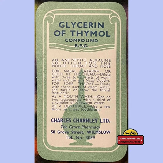 Very Rare Antique Vintage Glycerine Of Thymol Label c Charnley Grove Pharmacy 1910s - 1920s Advertisements Highly