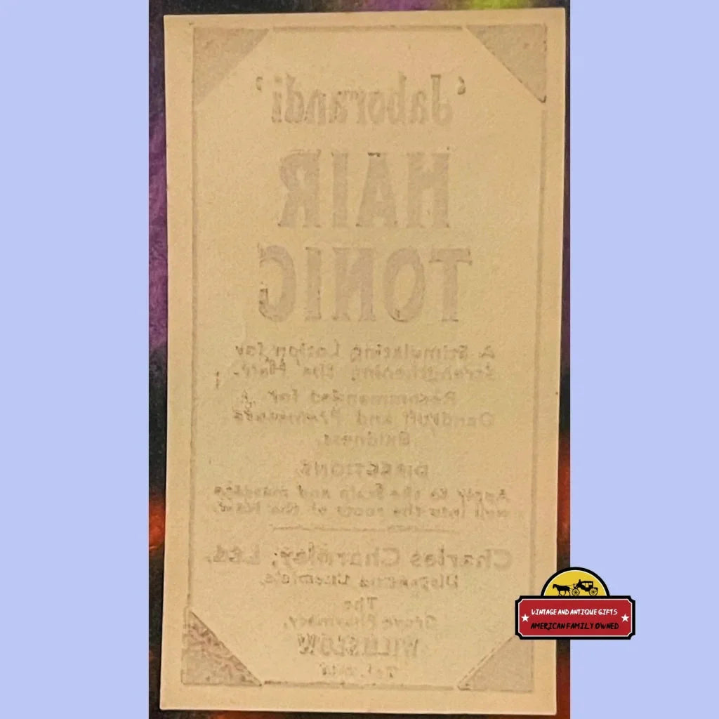 Faded jaborandi hair tonic label with reversed text from Grove Pharmacy poster