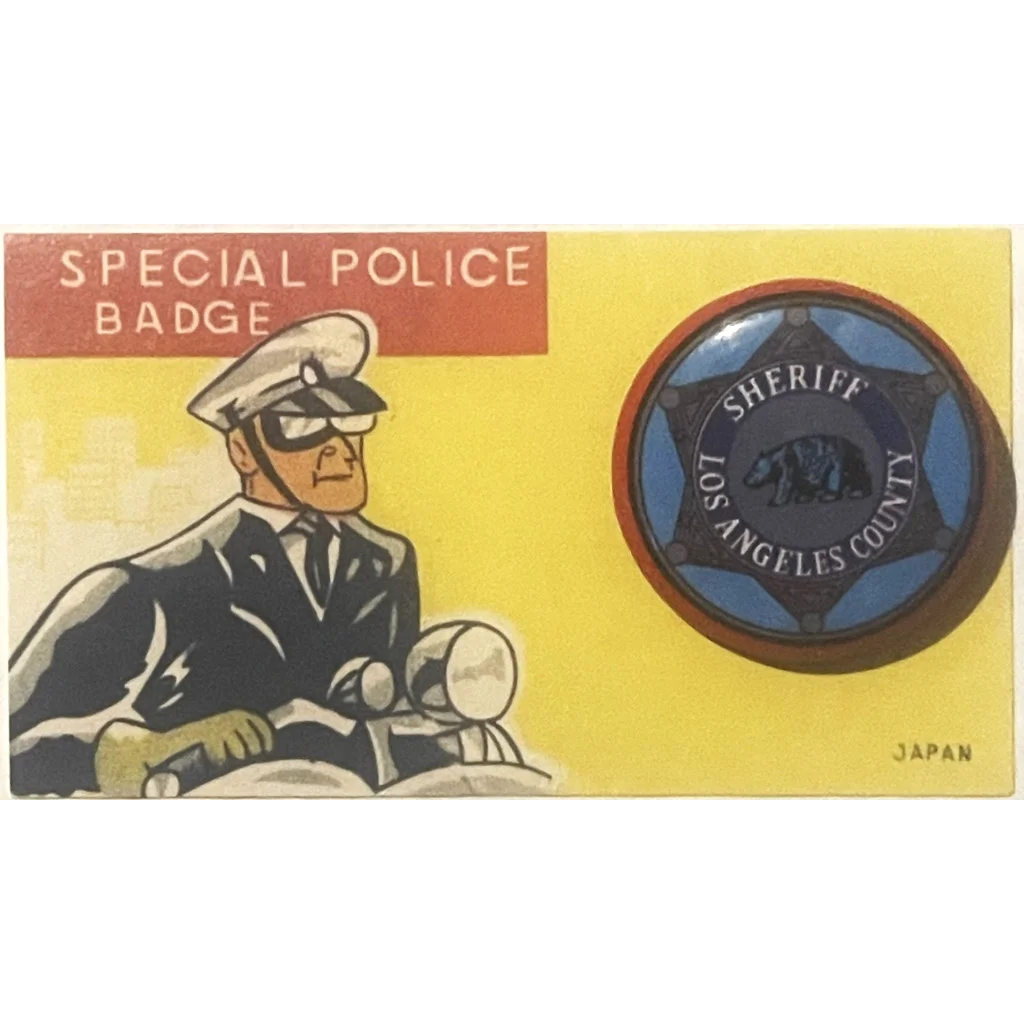 Vintage 1950s tin litho police badge set with officer and sheriff’s emblem design