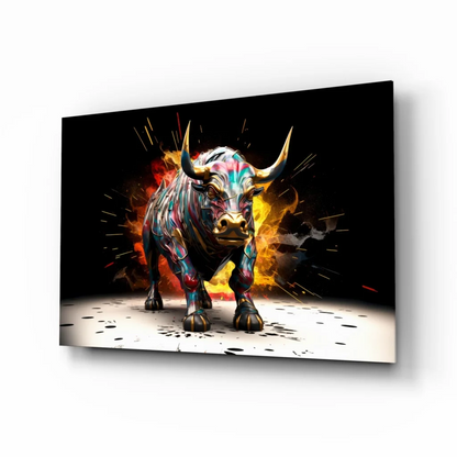 Vibrant 3D bull canvas wall art with metallic finish