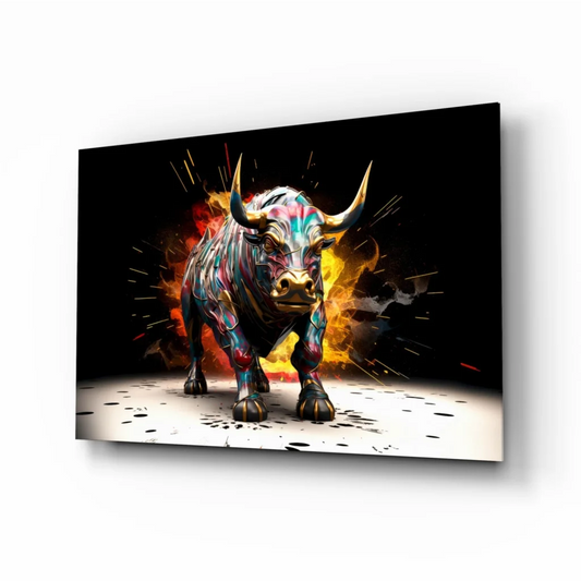 Vibrant 3D bull canvas wall art with metallic finish