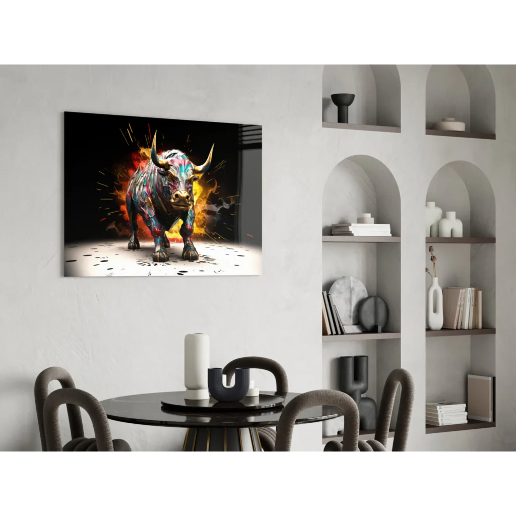 Vibrant 3D bull canvas wall art with colorful hues and metallic finish