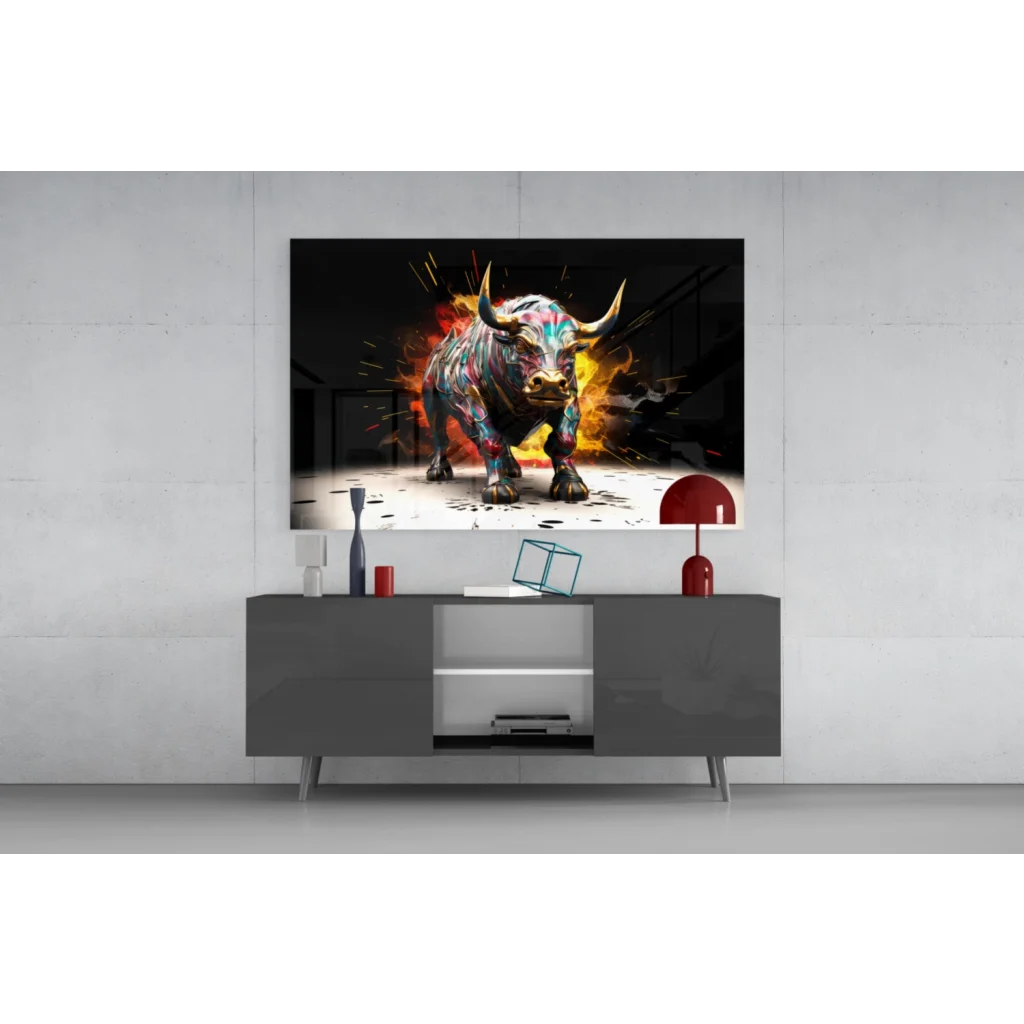 Vibrant 3D bull glass wall art with metallic finish on 4K QLED TV