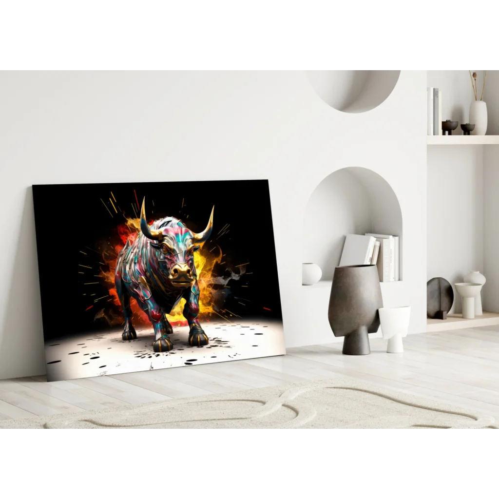 Vibrant 3D bull canvas wall art with metallic finish