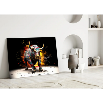 Vibrant 3D bull canvas wall art with metallic finish