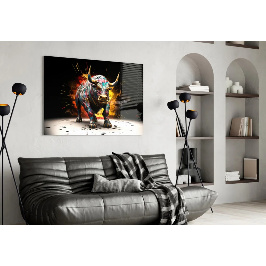 Vibrant 3D bull wall art with metallic finish over black leather couch