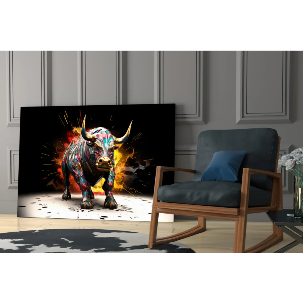 Vibrant 3D bull canvas wall art print with colorful hues and metallic finish