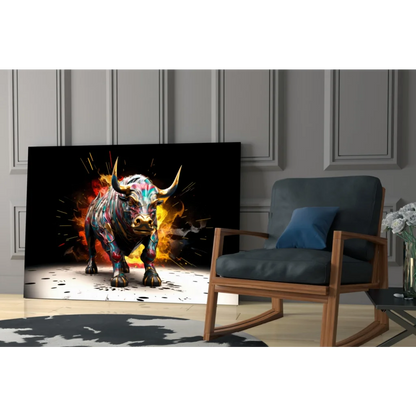 Vibrant 3D bull canvas wall art print with colorful hues and metallic finish