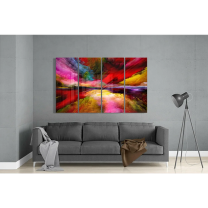 Vibrant 4-panel abstract wall art canvas with multicolored swirls on gray sofa