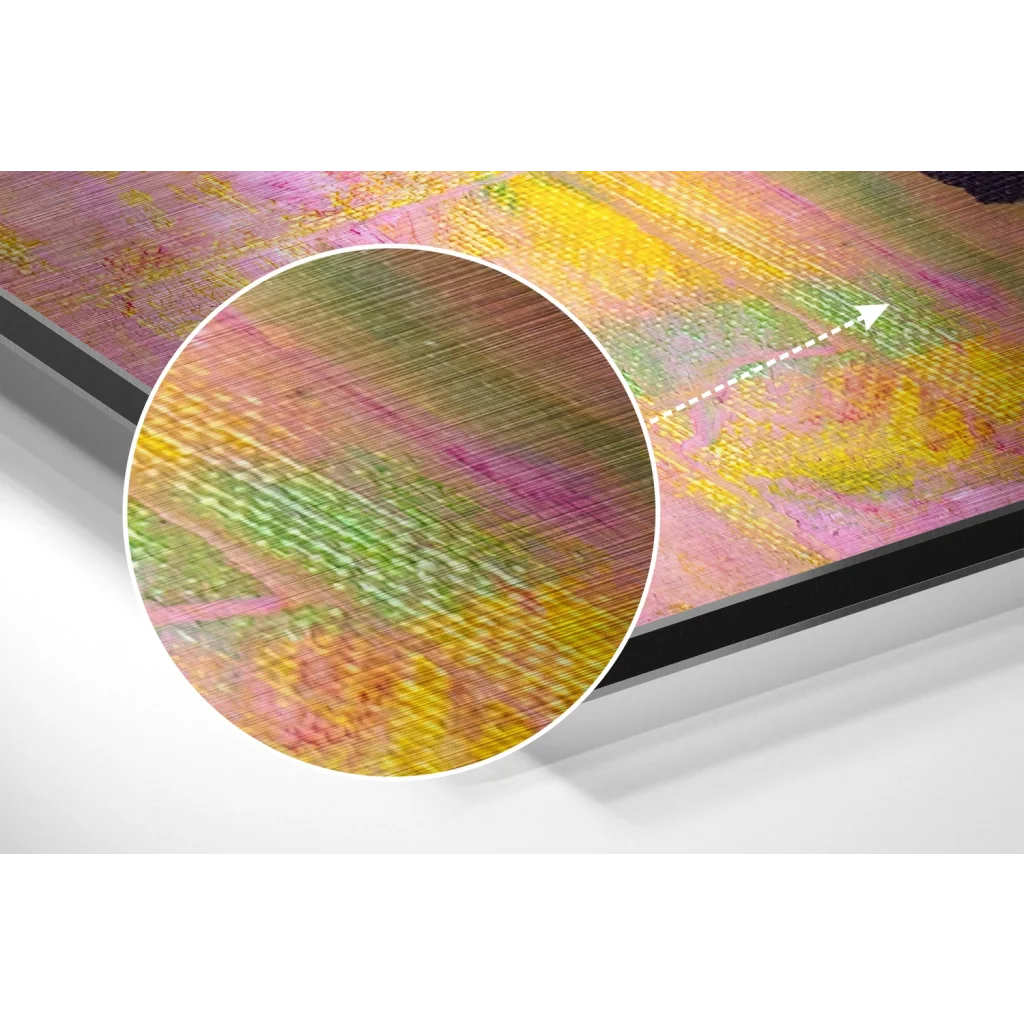 glass wall art Vibrant multi-colored woven mat on brushed aluminium dibond panel