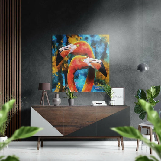 Vibrant abstract flamingos on brushed aluminium dibond panel