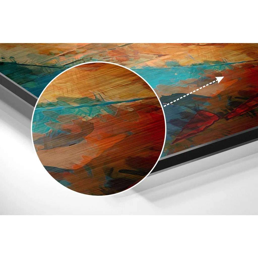 Vibrant abstract canvas painting on brushed aluminium dibond panel