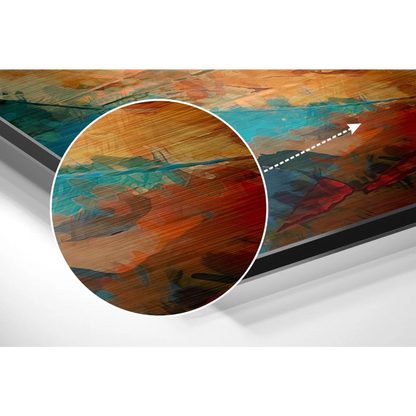 Vibrant abstract canvas painting on brushed aluminium dibond panel