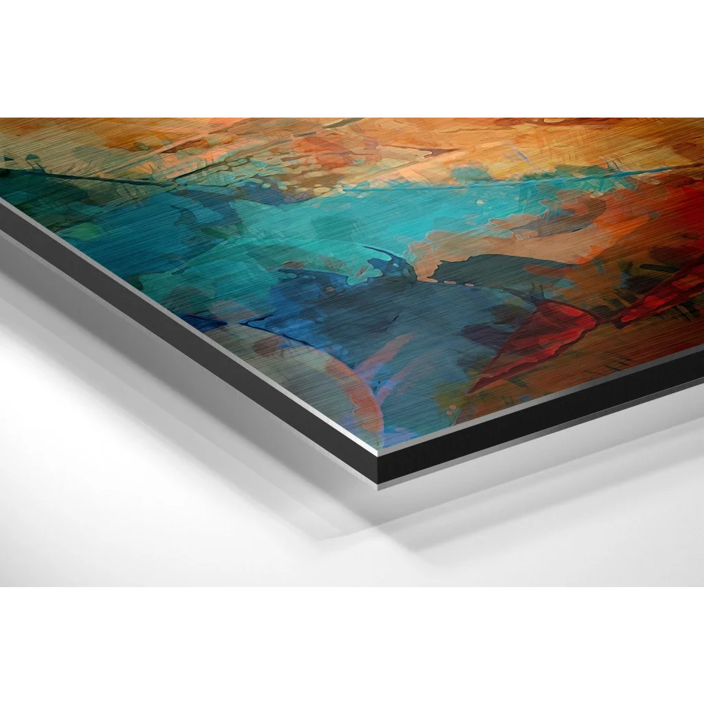 Glass Wall Art Vibrant abstract art on brushed aluminium dibond panel with bold teal, orange, red, and blue hues