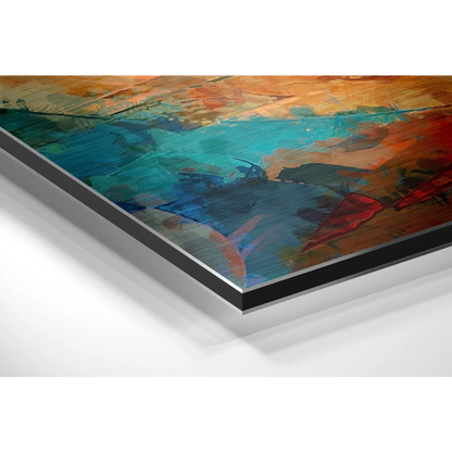 Vibrant abstract art on brushed aluminium dibond panel with bold teal, orange, red, and blue hues