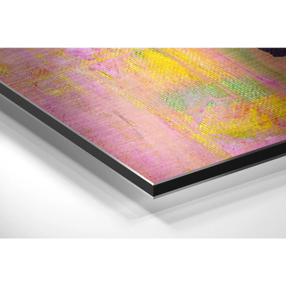 Pink yellow abstract art print on brushed aluminium dibond panel