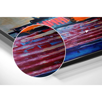 Red and blue abstract art print in black frame on brushed aluminium dibond