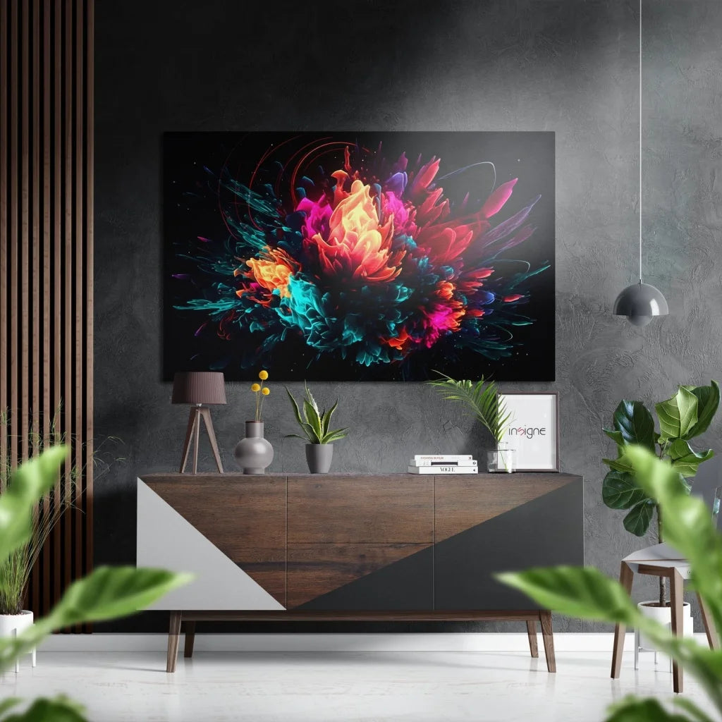 Vibrant abstract bursts of pink orange teal purple on black brushed aluminium dibond print