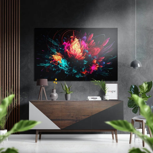 Vibrant abstract bursts of pink orange teal purple on black brushed aluminium dibond print