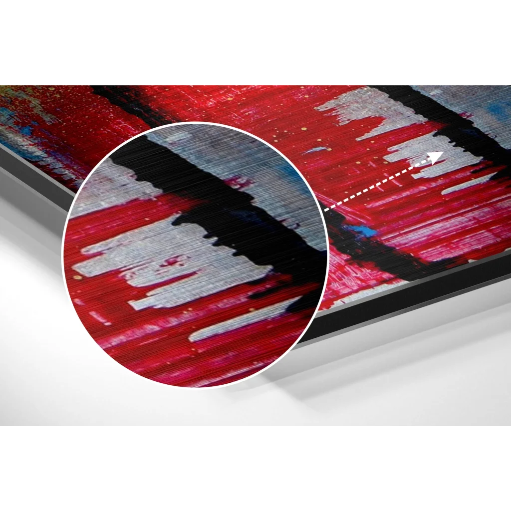 glass wall art Vibrant abstract canvas print on brushed aluminium dibond with bold red, black, white strokes
