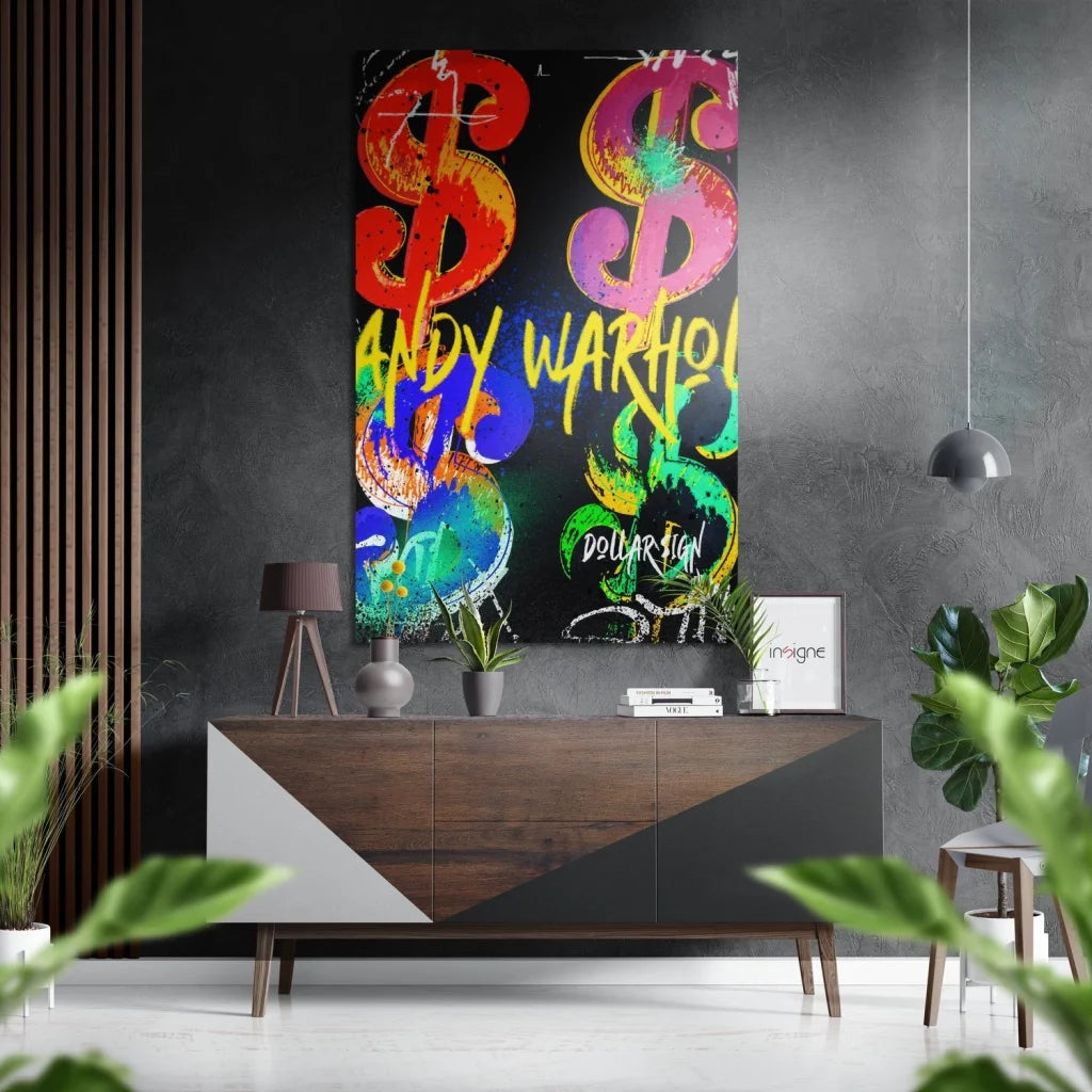 Vibrant Warhol-style dollar sign canvas on brushed aluminium dibond print
