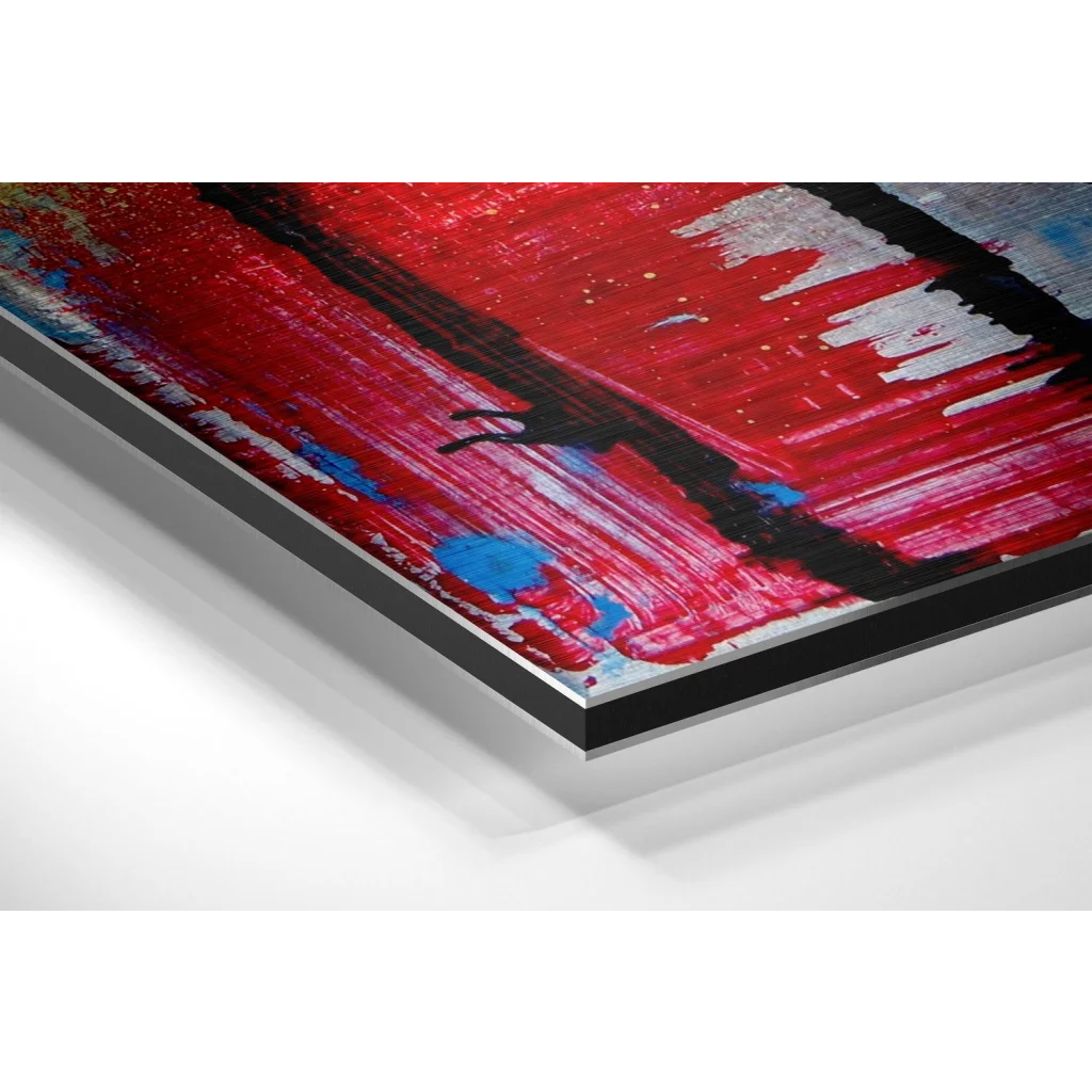 Glass Wall Art Vibrant abstract canvas print on brushed aluminium dibond in red, black, blue
