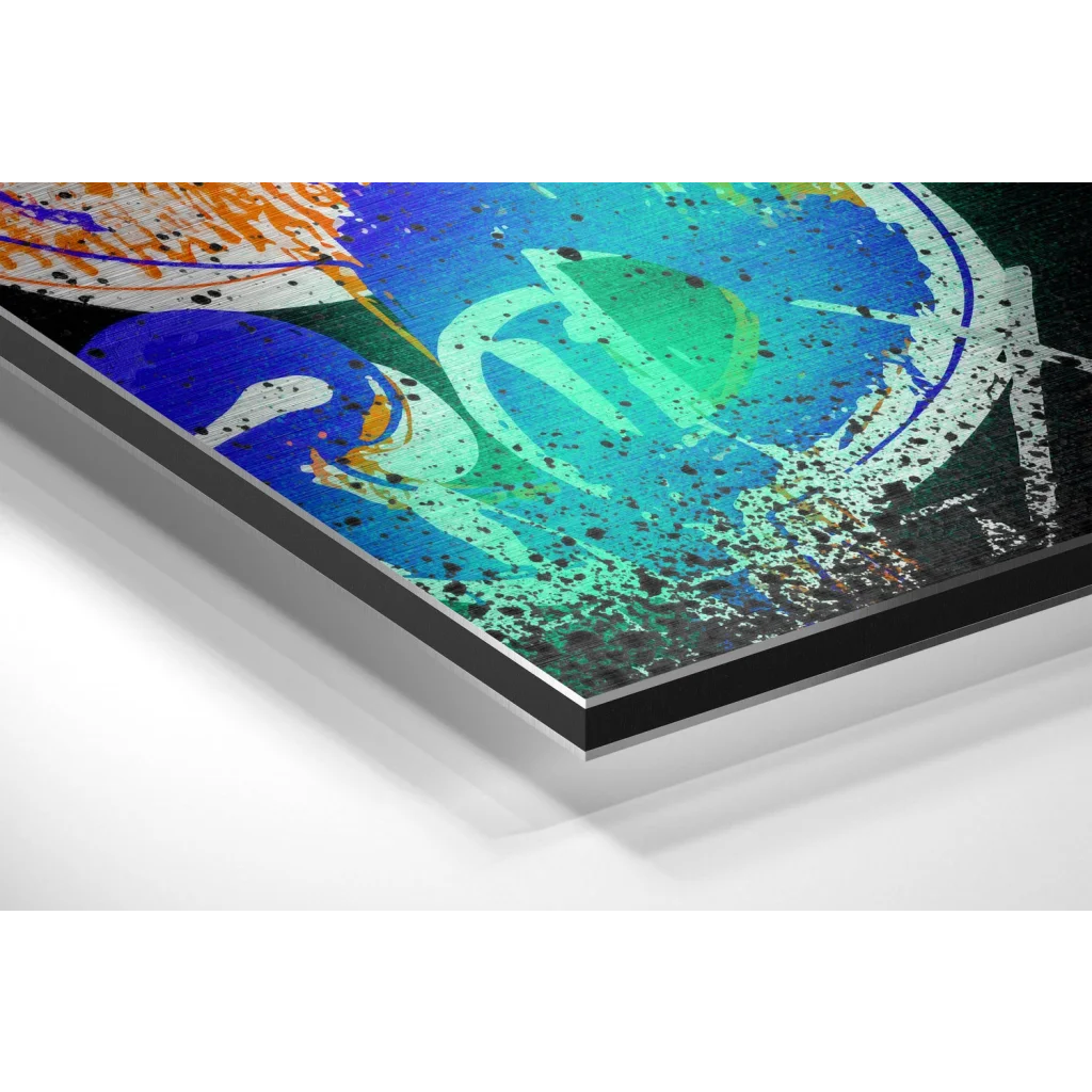 Glass Wall Art Vibrant abstract art on brushed aluminium dibond print with bold paint splashes