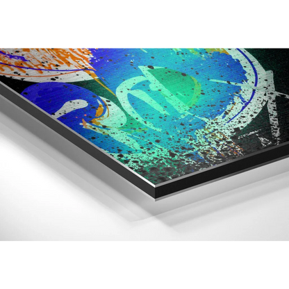 Vibrant abstract art on brushed aluminium dibond print with bold paint splashes